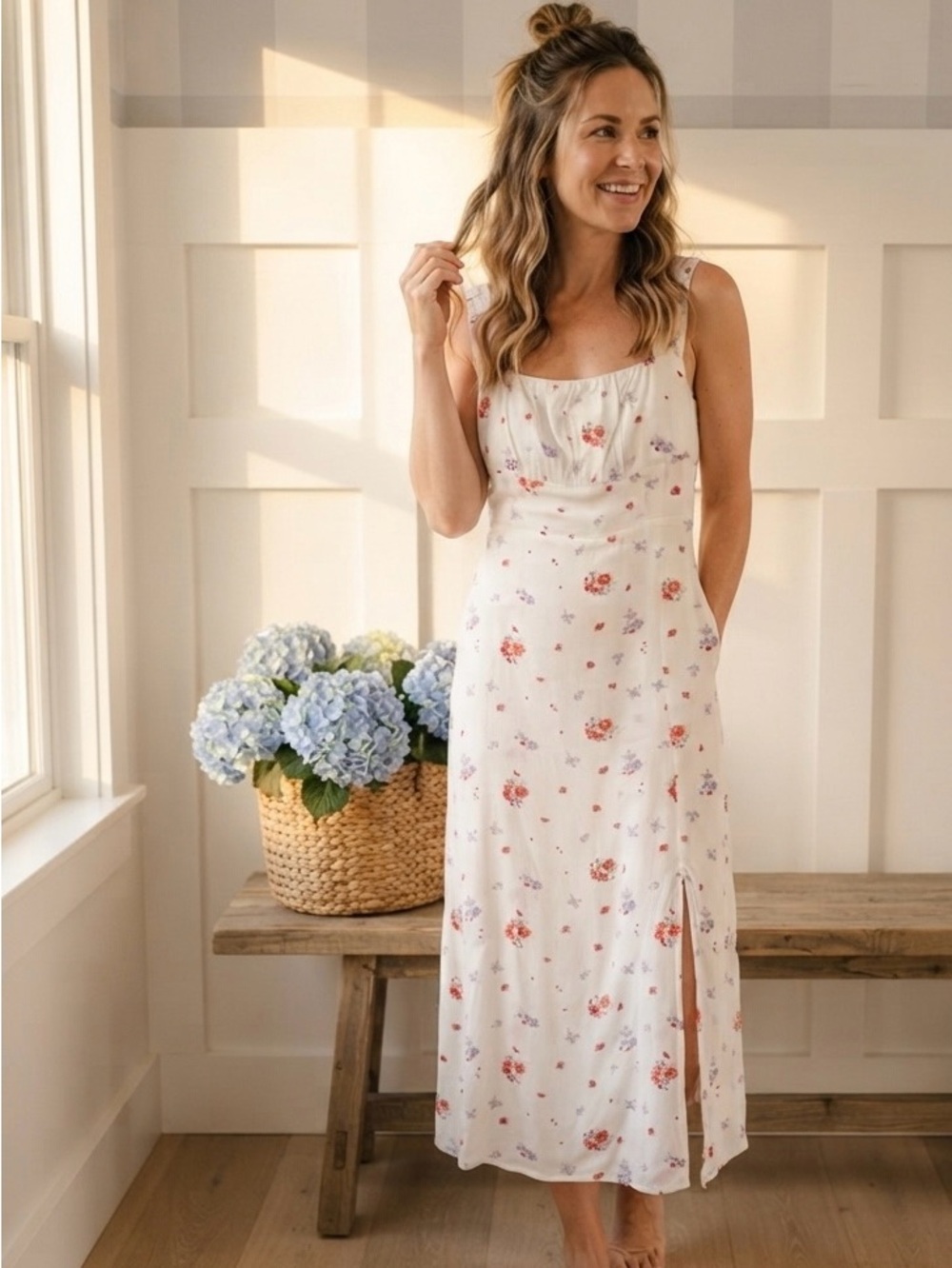 Mango Cream Midi Dress with Pink & Lavender Floral Print 2